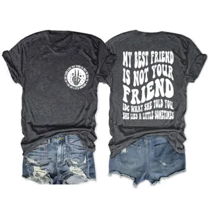 Women casual crew neck short sleeve t-shirt with funny quote graphic print and denim shorts.