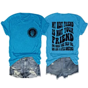 Casual blue short sleeve graphic t-shirt for women, featuring a trendy statement slogan.