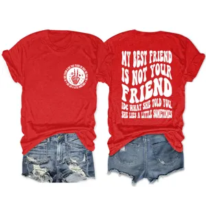 Red short sleeve t-shirt with funny letter print for women casual daily wear detail view.