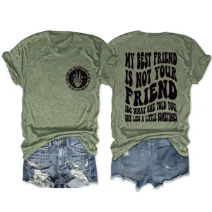 Women casual olive green short sleeve t-shirt featuring trendy graphic print front and back.