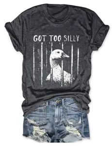 Detailed shot of dark grey women short sleeve tee featuring funny caged duck graphic print.