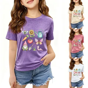 Kids cute cartoon garden print short sleeve t-shirt and denim shorts daily wear set.
