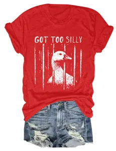 Casual women's red short sleeve t-shirt with funny silly goose graphic print detail.