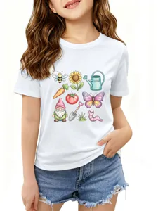 Cute garden print short sleeve t-shirt for kids, comfortable round neck cotton top for daily wear.