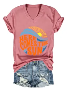 Γυναικείο T-shirt με V λαιμόκοψη κοντό μανίκι καλοκαιρινό τοπ με σχέδιο ήλιου.