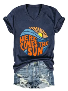 Γυναικείο T-Shirt με V-Neck Κοντομάνικο Καλοκαιρινό Casual Μπλούζα Print Top Νέο.