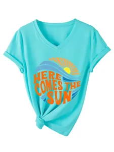 Γυναικείο T-Shirt V-Neck Κοντομάνικο Καλοκαιρινό Top με Σχέδιο Ήλιου & Στάμπες