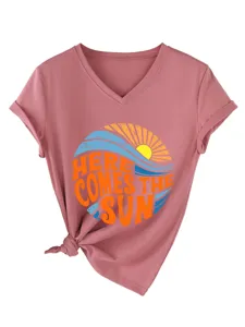 Γυναικείο T-shirt με V-neck και κοντό μανίκι, casual καλοκαιρινό τοπ με τύπωμα και κόμπο