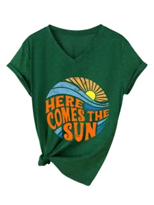 Γυναικείο casual V-λαιμόκοψη T-shirt με κοντό μανίκι, vintage τύπωμα ήλιου και κόμπο