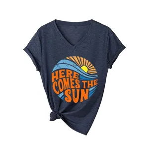 Γυναικείο Casual V-Neck Κοντομάνικο T-Shirt Here Comes The Sun Καλοκαιρινό Top