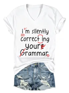 Casual wit dames V-hals korte mouw t-shirt met grappige letterprint opdruk design.