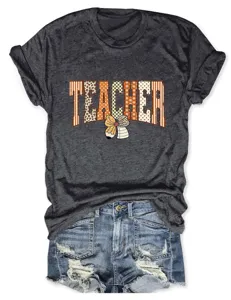 Dames casual grijze korte mouw T-shirt teacher potlood strik grafische zomertop dames