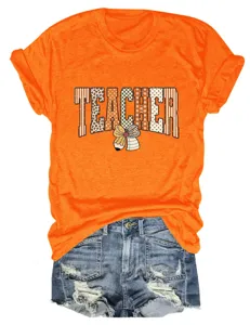 Oranje korte mouw leraar t-shirt casual ronde hals grafische tee met mooie strik