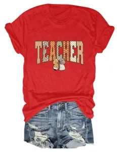 Casual rood korte mouw leraar t-shirt met schattige strik potlood print en denim shorts.