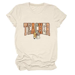 Casual katoenen dames t-shirt detail met schattige leraar letter en strik print ontwerp.