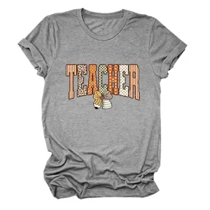 Casual grijs dames T-shirt met korte mouwen, leraar grafische print en schattig strikdesign.