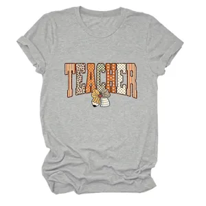 Casual grijs dames t-shirt met korte mouw en leraar brief print en leuke strik.