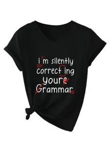 Dames V-Hals Korte Mouw Casual T-Shirt Zwart Grappig Letter Print Losse Top Casual