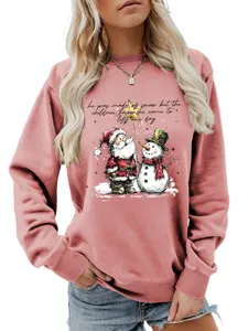 Felpa girocollo con stampa natalizia da donna, pullover casual a maniche lunghe in colore rosa.