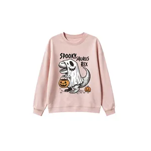 Kids pink Halloween Spooky Saurus Rex dinosaur graphic crewneck sweatshirt for autumn.