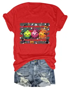Rotes Kurzarm T-Shirt mit süßem Halloween Cartoon Print, lässiges Damen Oberteil.
