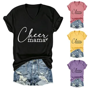 Women V-neck short sleeve T-shirt with Cheer Mama letter print casual summer top outfit
