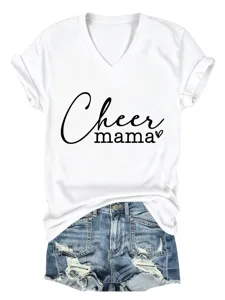 Close-up detail of the white V-neck short sleeve t-shirt with cheer mama letter print.