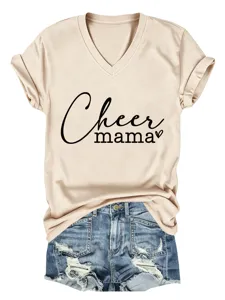 Women casual V-neck short sleeve T-shirt with Cheer mama print, comfortable basic summer top.