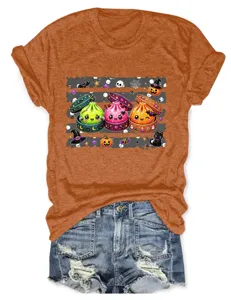 Halloween süße Cartoon Teigtasche Grafik Orange Kurzarm Rundhals Damen T-Shirt Oberteil