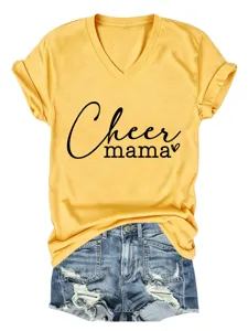 Yellow V-neck t-shirt detail featuring Cheer mama print and casual denim shorts layout view.