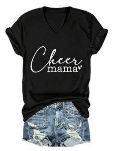 Detailed close-up view of black V-neck short sleeve t-shirt with cheer mama text print.