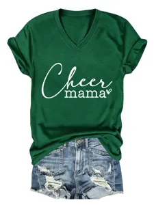 Women's deep green V-neck short sleeve t-shirt featuring cheer mama print, casual summer wear.