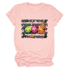 Süßes Halloween Cartoon Dumpling Druck rosa Rundhals Kurzarm Damen Freizeit T-Shirt Detail.