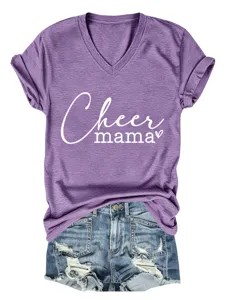 Purple V-neck short sleeve T-shirt with cute mama print matched with denim shorts.