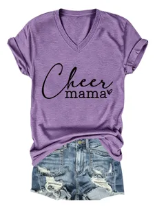 Casual purple V-neck short sleeve T-shirt with cute Cheer Mama letter print for women daily wear.