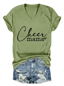 Olive green V-neck short sleeve women T-shirt paired with denim shorts, casual outfit.