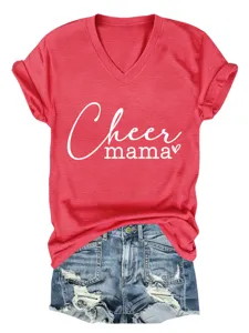 Comfortable women's red V-neck short sleeve t-shirt featuring stylish cheer mama print.