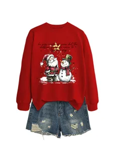 Completo felpa rossa da donna e pantaloncini di jeans con simpatica stampa vintage natalizia.