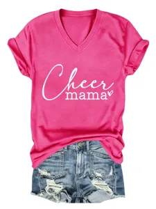 Detailed shot of pink V-neck t-shirt featuring stylish cheer mama text print for women.