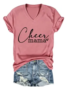 Women casual V-neck short sleeve pink t-shirt with cute mama print for daily wear