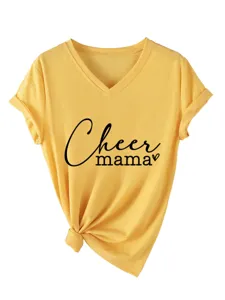 Women Casual V-Neck Short Sleeve Tee Yellow Cheer Mama Print Fashion Cotton T-Shirt