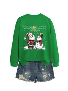 Moderna felpa verde da donna con stampa natalizia di pupazzo di neve e Babbo Natale top.