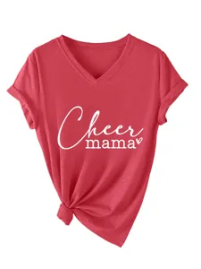 Detailed shot of a red V-neck short sleeve women T-shirt with front knot design and print.