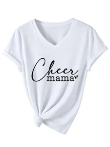 Close-up detail of the white V-neck short sleeve T-shirt with stylish front knot and graphic.