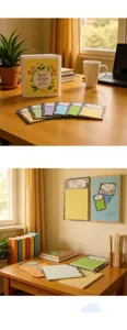 Lot de notes adhésives à bordure noir et blanc, blocs-notes et étiquettes pour école.
