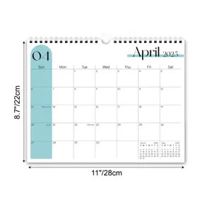 Calendrier mural mensuel 2025 reliure spirale avec crochet design minimaliste avril 28x22cm