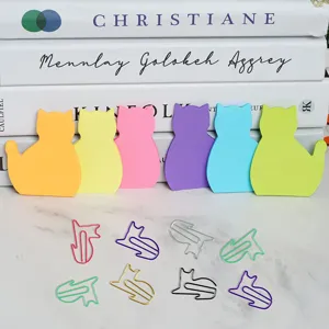 Cute cat-shaped sticky notes and colorful paper clips set for students and office stationery.