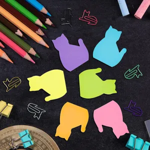 Fluorescent cat sticky notes, cute cartoon animal memo pads, colorful stationery for study.