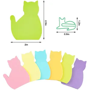 Cute cat sticky notes set with fluorescent memo pads and metal paper clips for students.