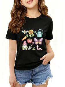 Cute garden print short sleeve black t-shirt for women casual daily wear fashion top